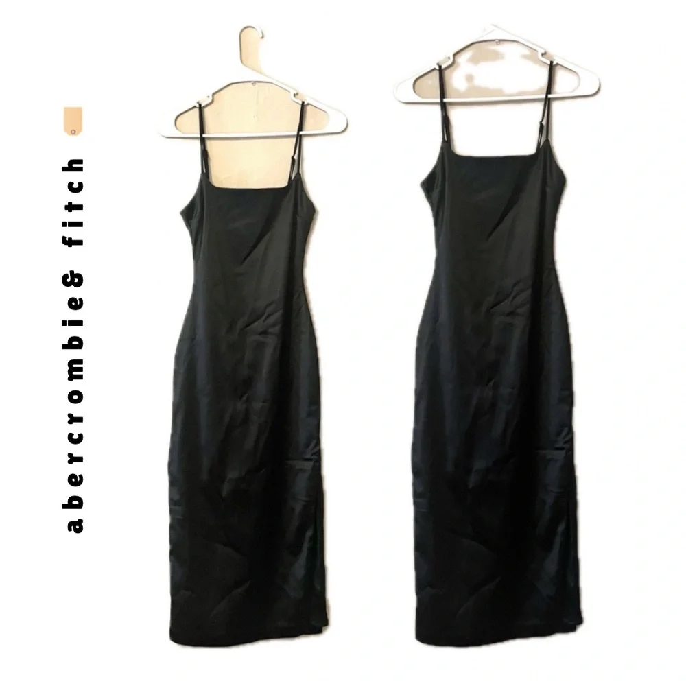 🏷️🎉🆕 a&f • black silky maxi dress with high side slit & adjustable cami straps